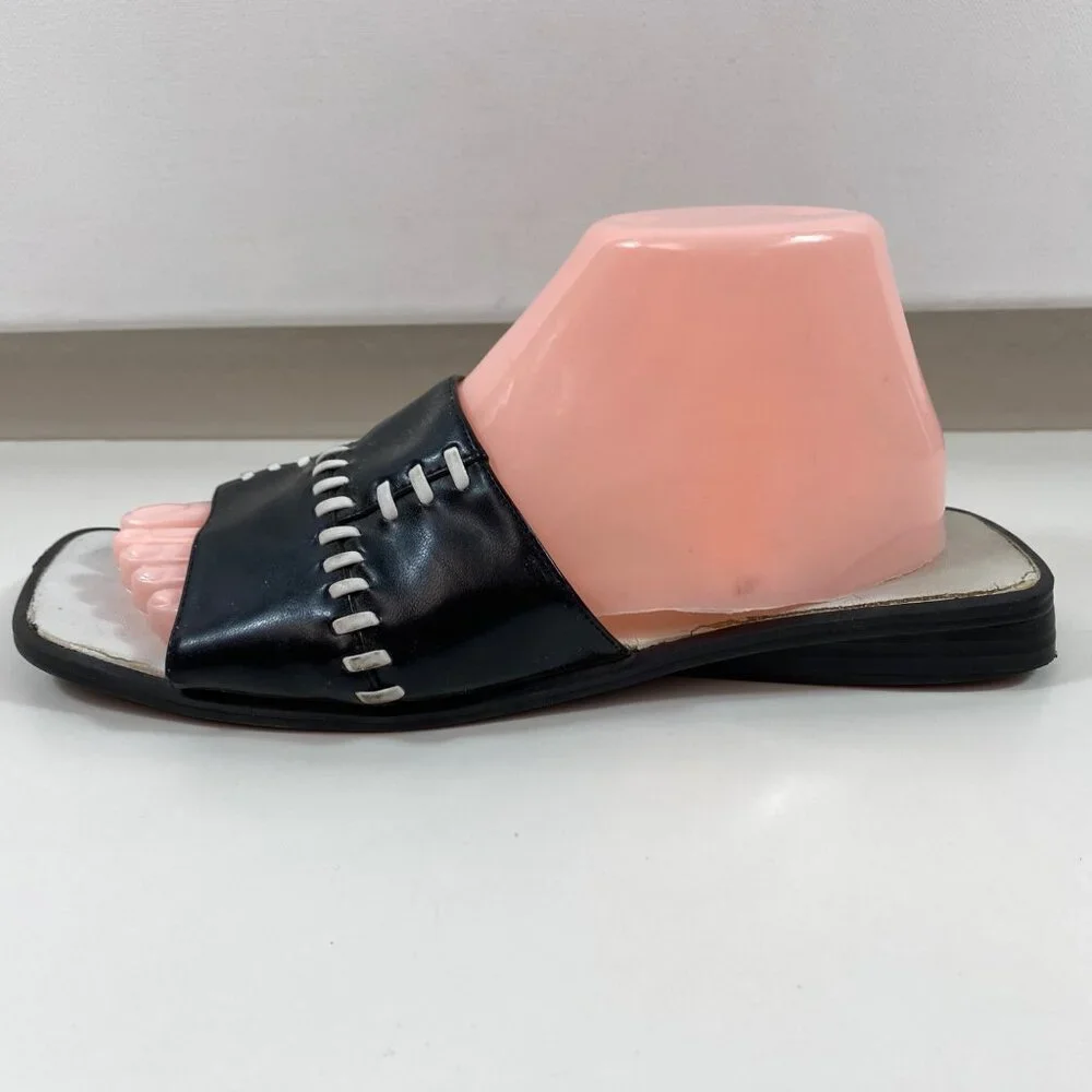 Vintage Jubilee Womens Leather Slides Black White Stitching Accents Size 10